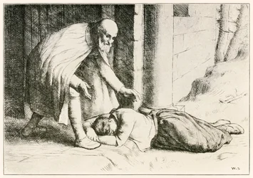 Barmherzigkeit fällt vor dem Tor in Ohnmacht aus Der Pilgerreise von John Bunyan, Illustration von William Strang